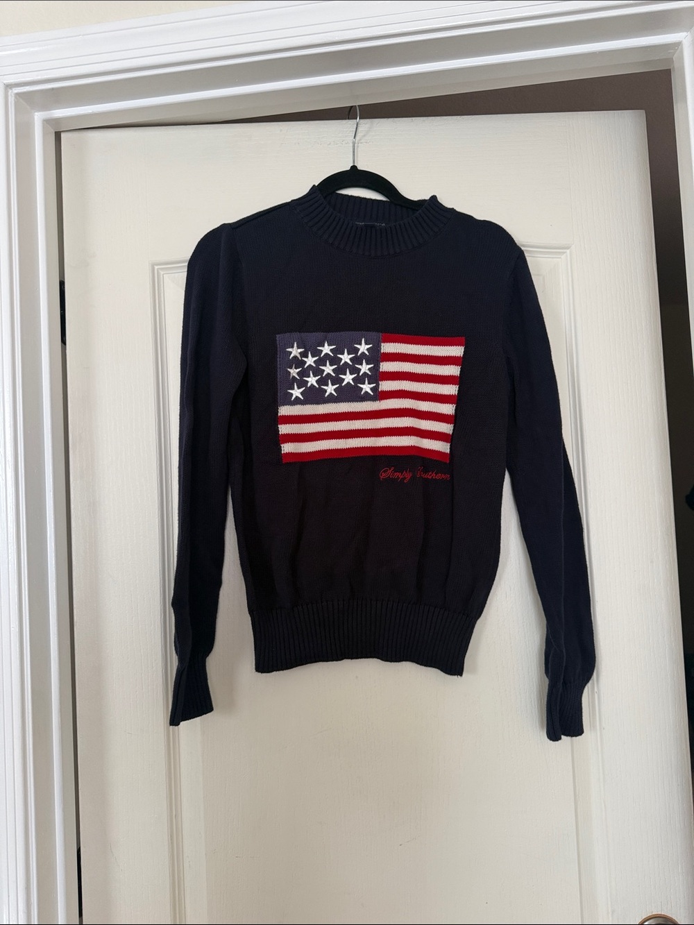 Simply Southern Navy Crewneck Sweater with Red, White & Blue Flag Patch